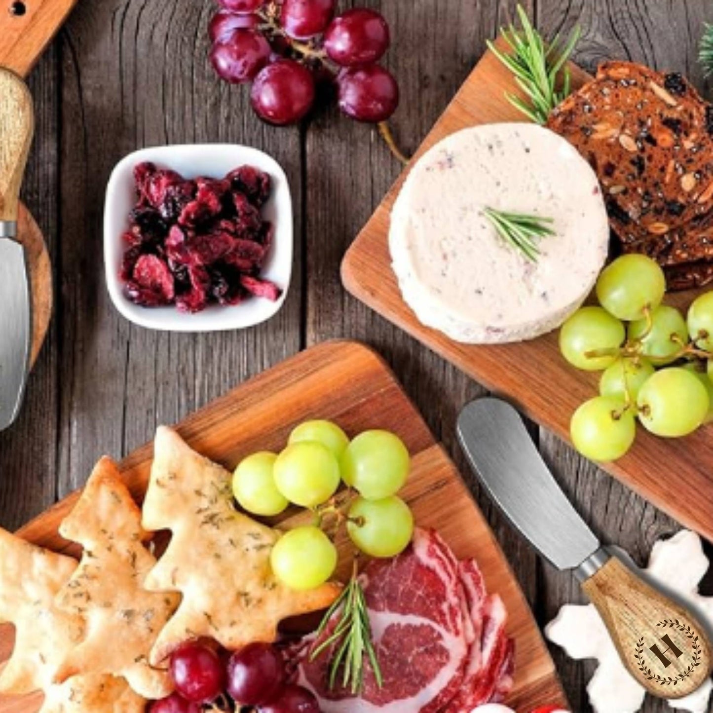 custom engraved charcuterie knife sitting on table with charcuterie food