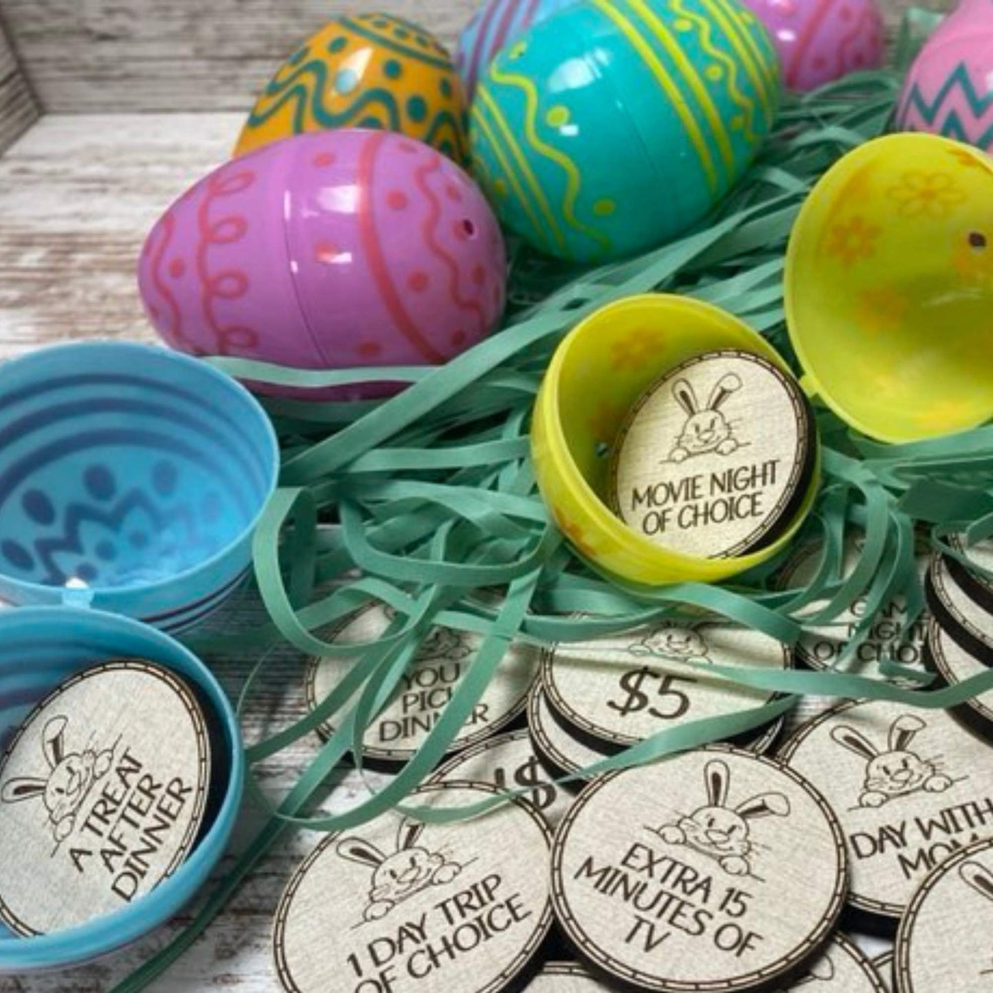 Laser engraved Easter egg tokens in colorful Easter eggs