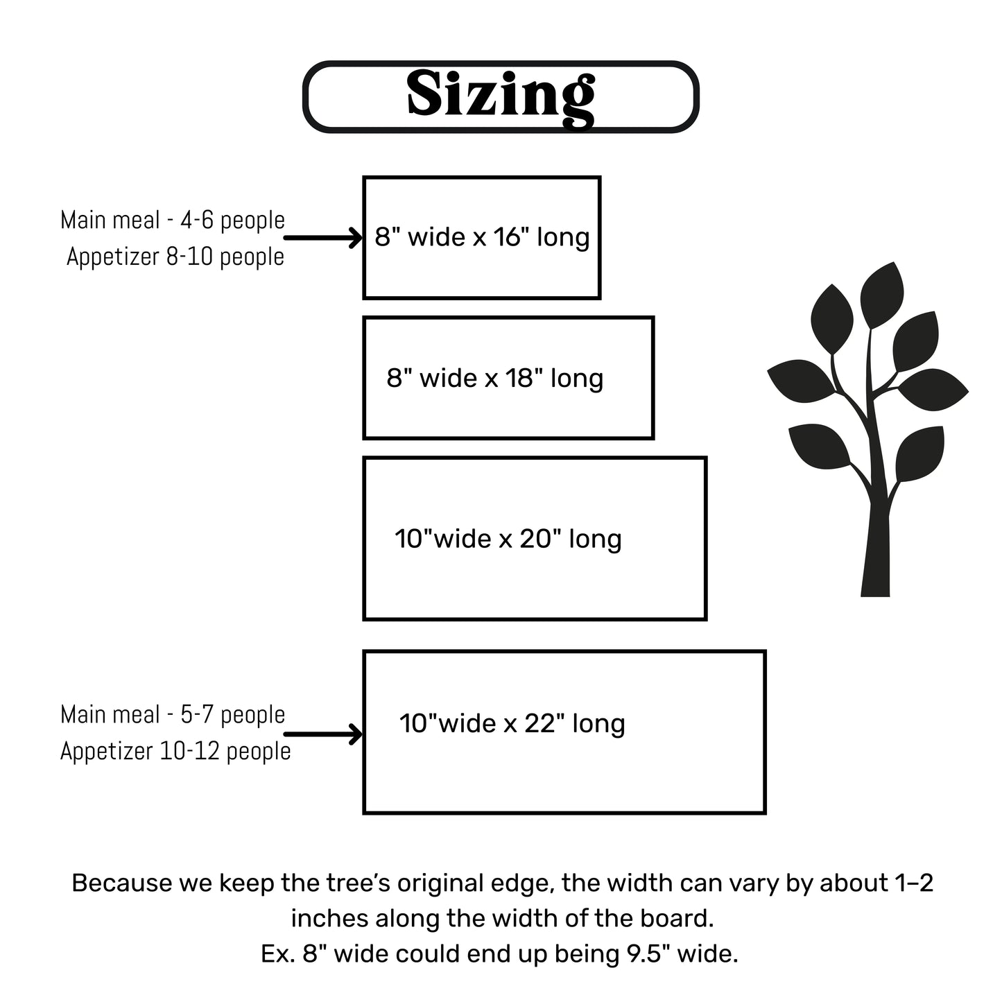 sizing chart for the live edge serving boards