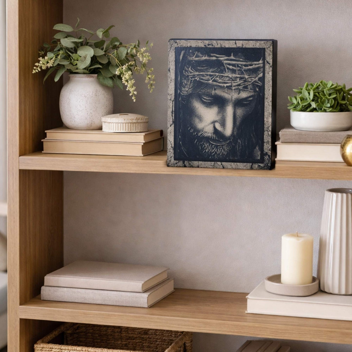 Jesus Crown of Thorns Relief Engraving on Maple Wood – Christian Tabletop Decor