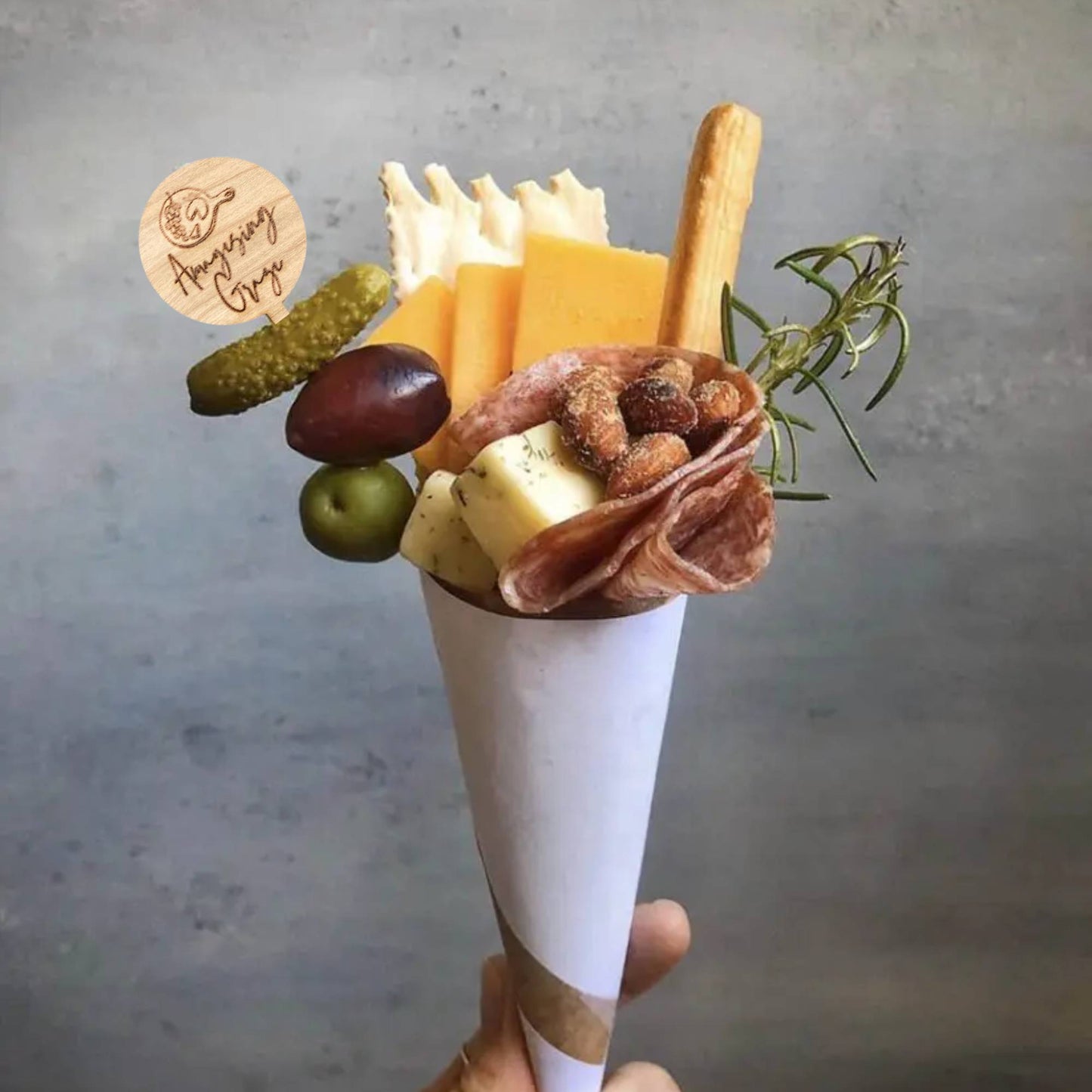 round wood skewer custom engraved in a charcuterie cone