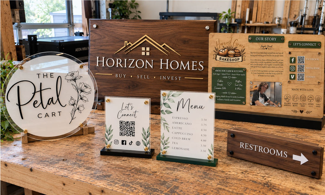 Custom wood and acrylic business signs including logo, QR code, menu, brand story and directional signs handcrafted by Quirky Pirate
