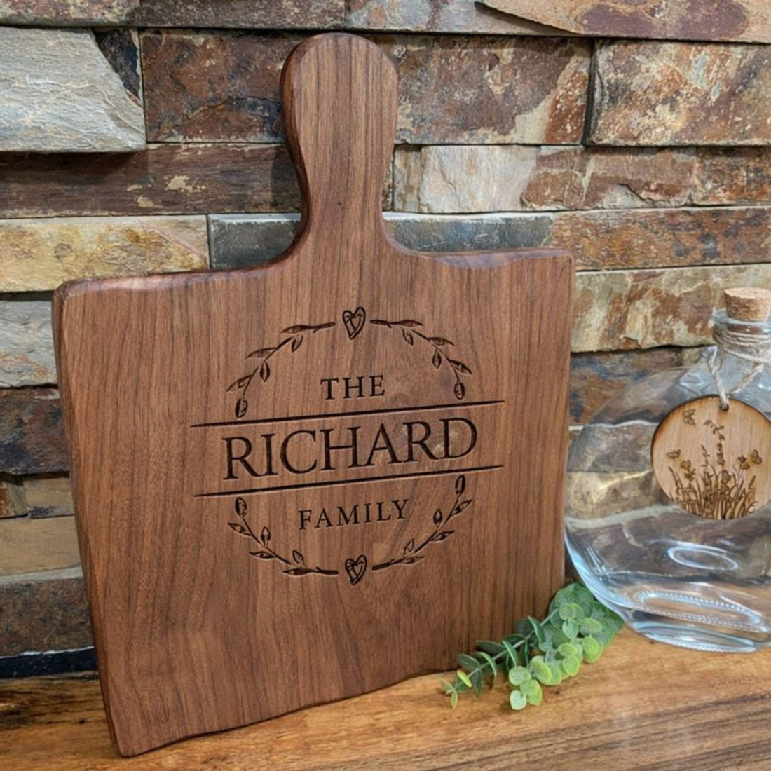 square wood serving board displayed with custom engraving