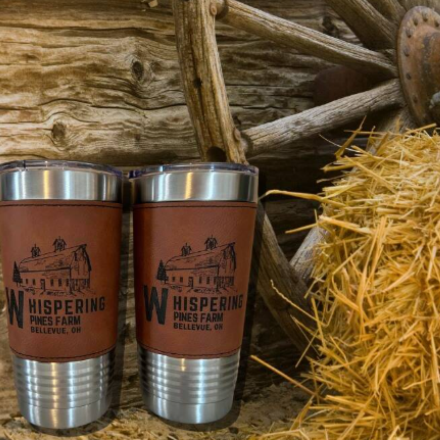 Stainless steel and leather custom engraved tumblers with company logo