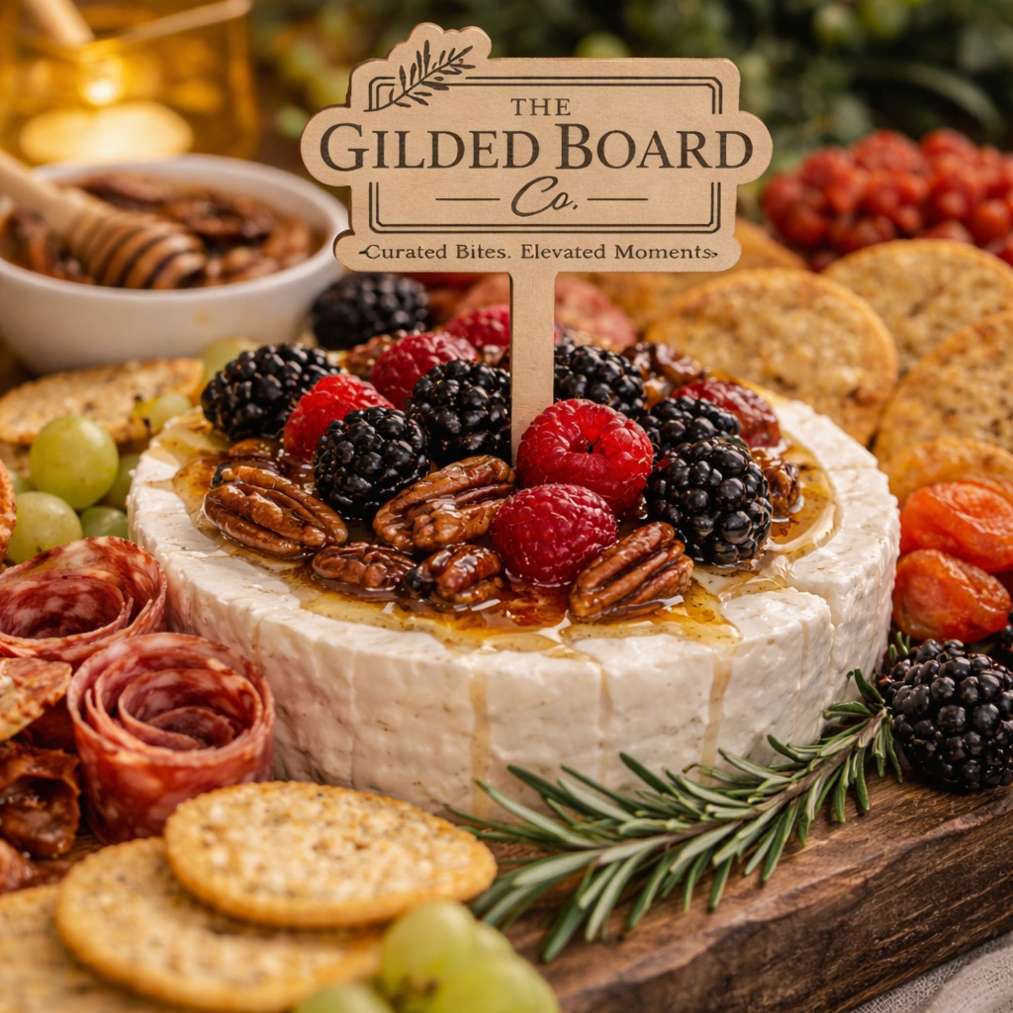 branded wood food picks for grazing table business
