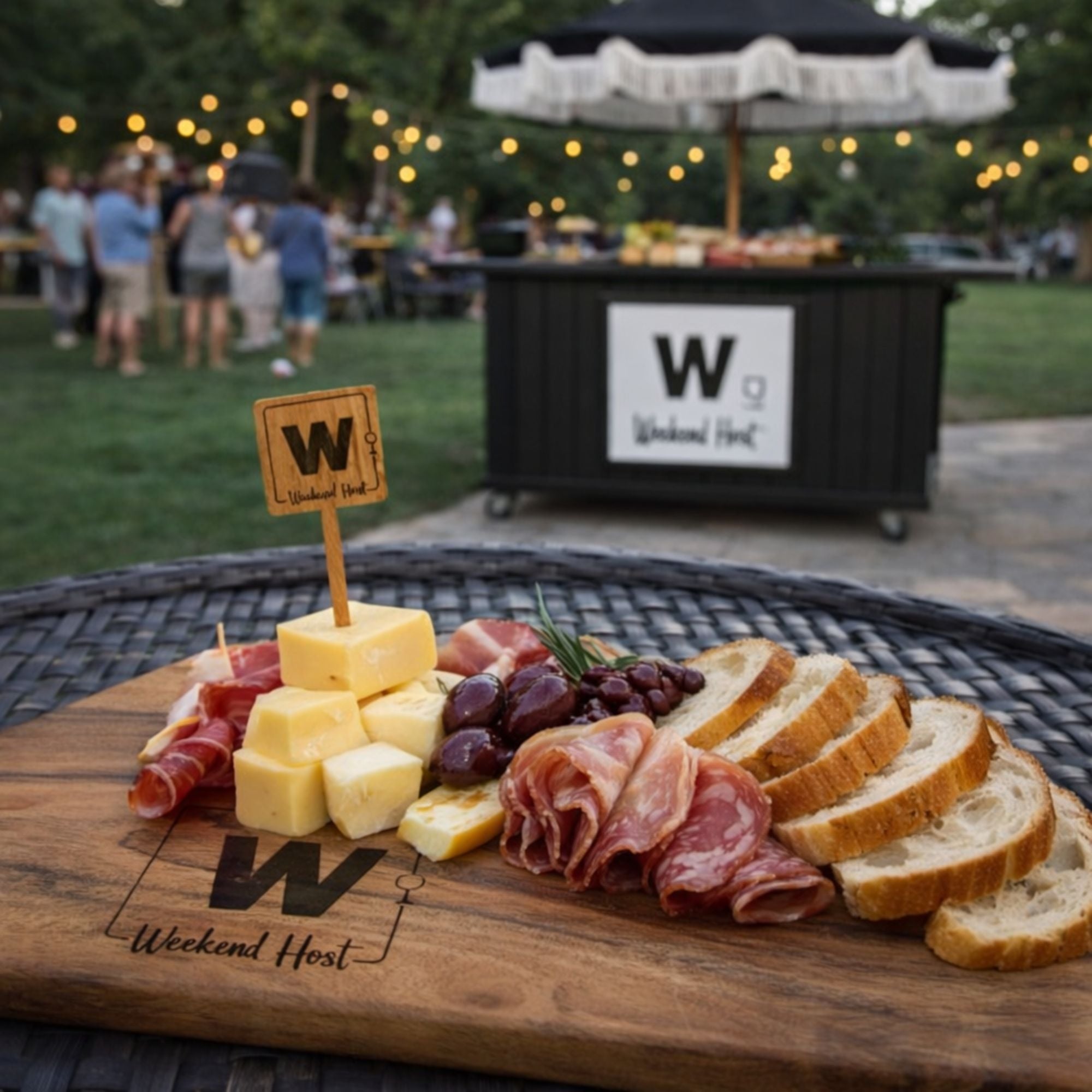 Custom engraved charcuterie serving board, food picks and mobile cart sign