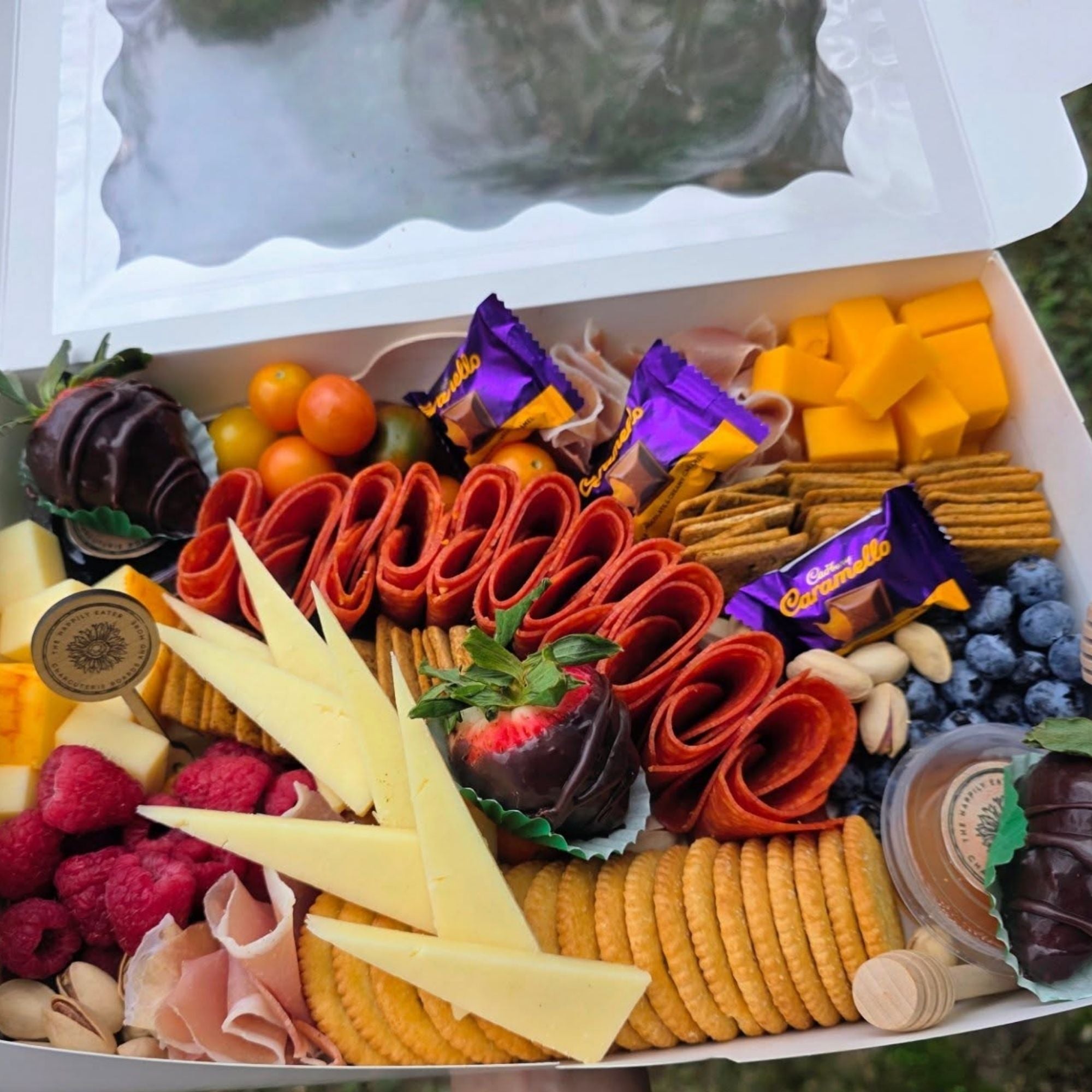 custom engraved wood food pick in charcuterie box