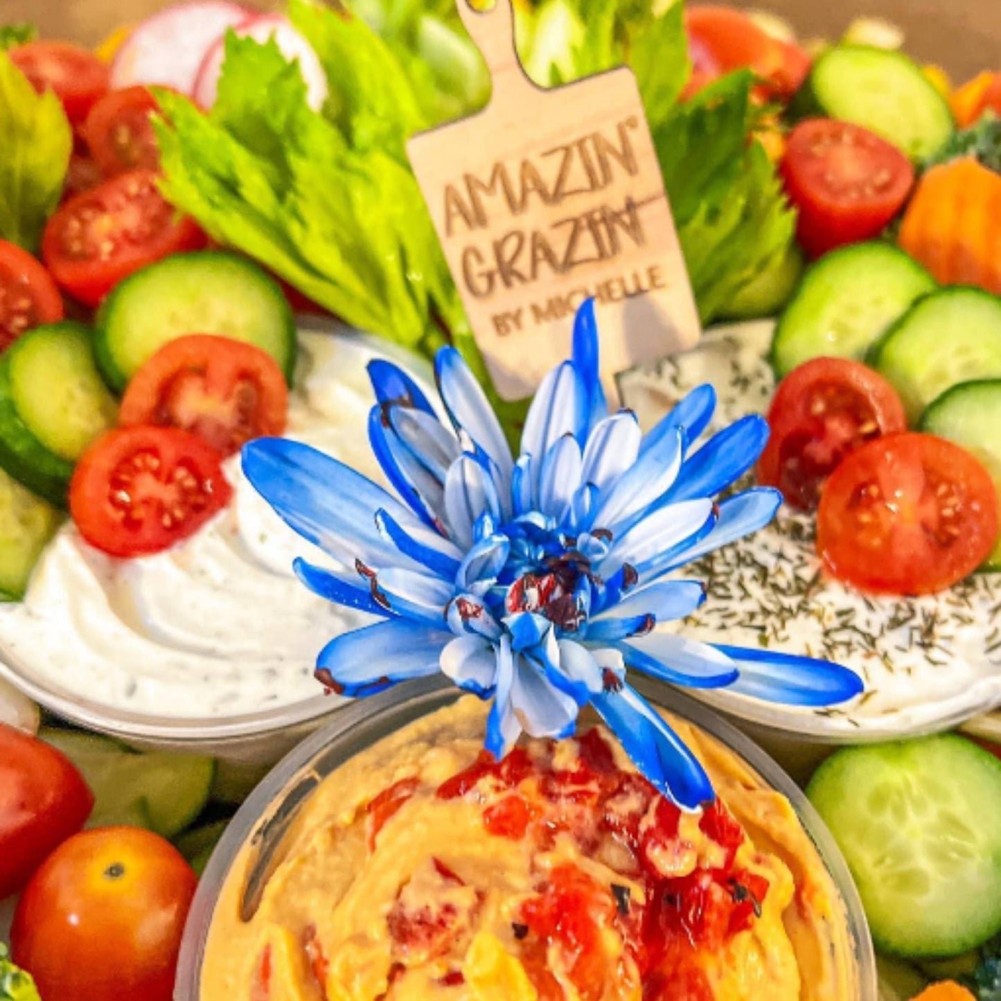 custom engraved board shaped food tag engraved with company name and placed on appetizer plate