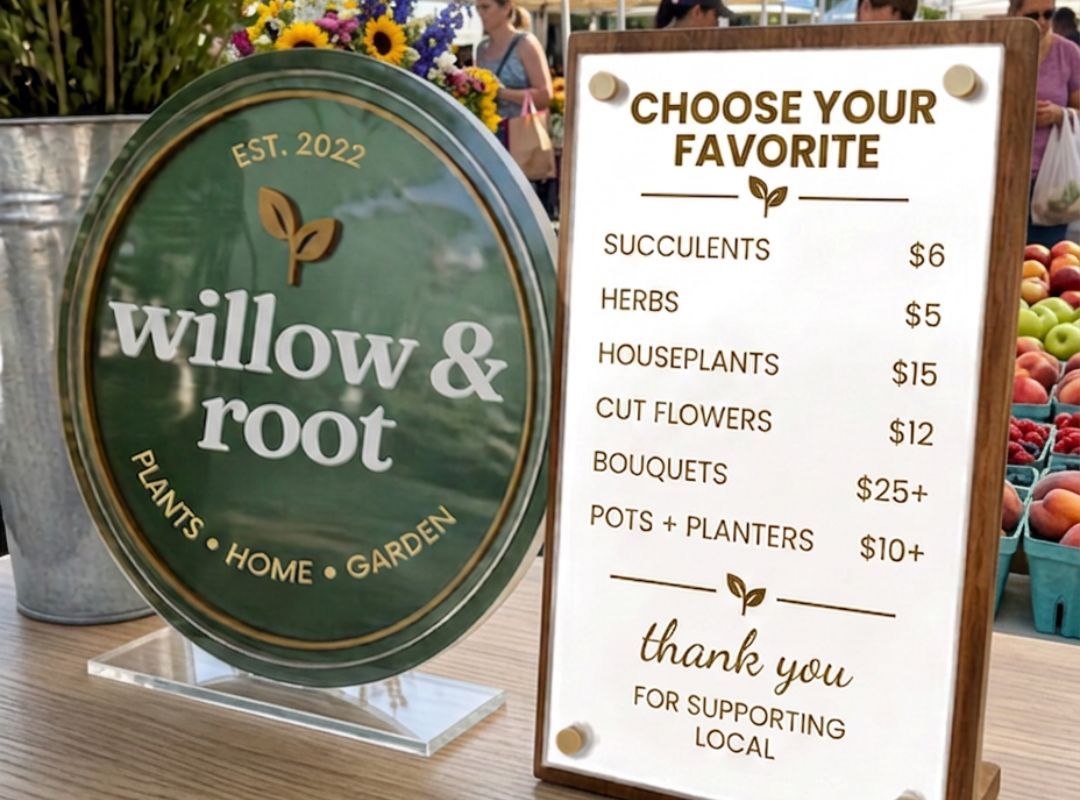 Willow & Root: Custom layered acrylic and wood logo and menu sign