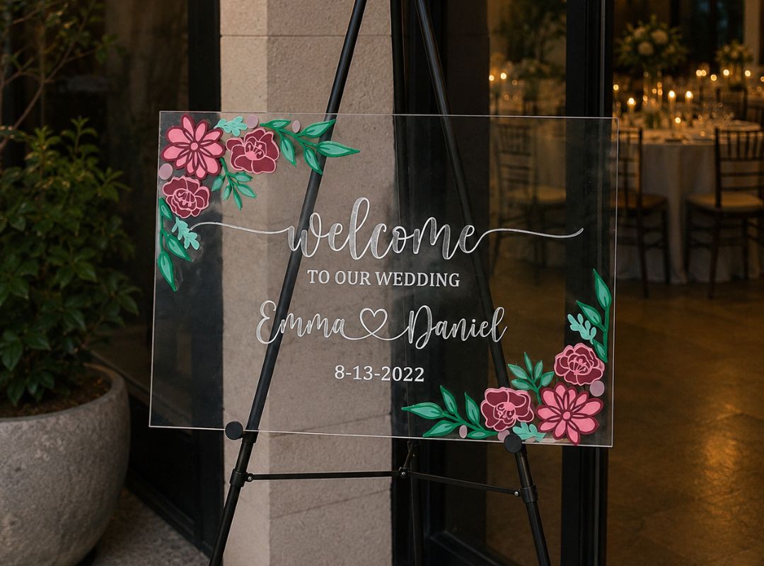 Custom layered acrylic welcome sign at wedding