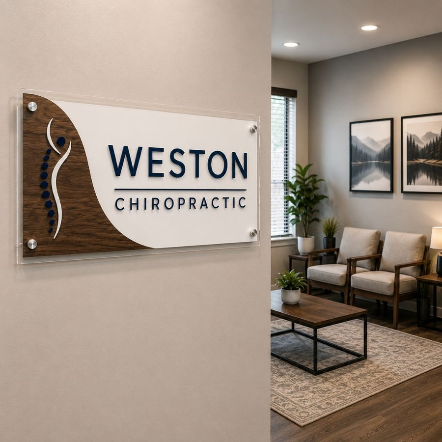 White and Blue Acrylic Logo with walnut wood Sign