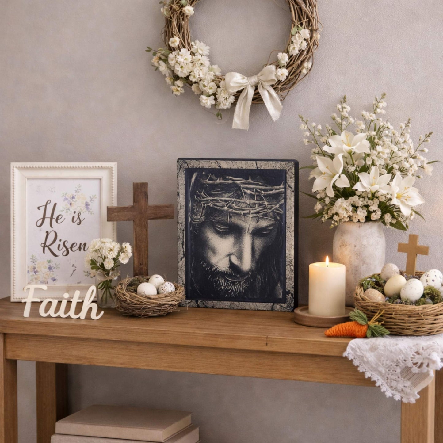 Jesus Crown of Thorns Relief Engraving on Maple Wood – Christian Tabletop Decor