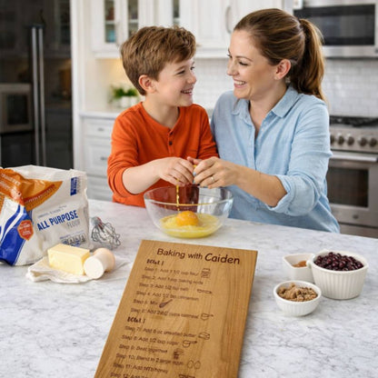 mother and son baking using the kid's recipe board