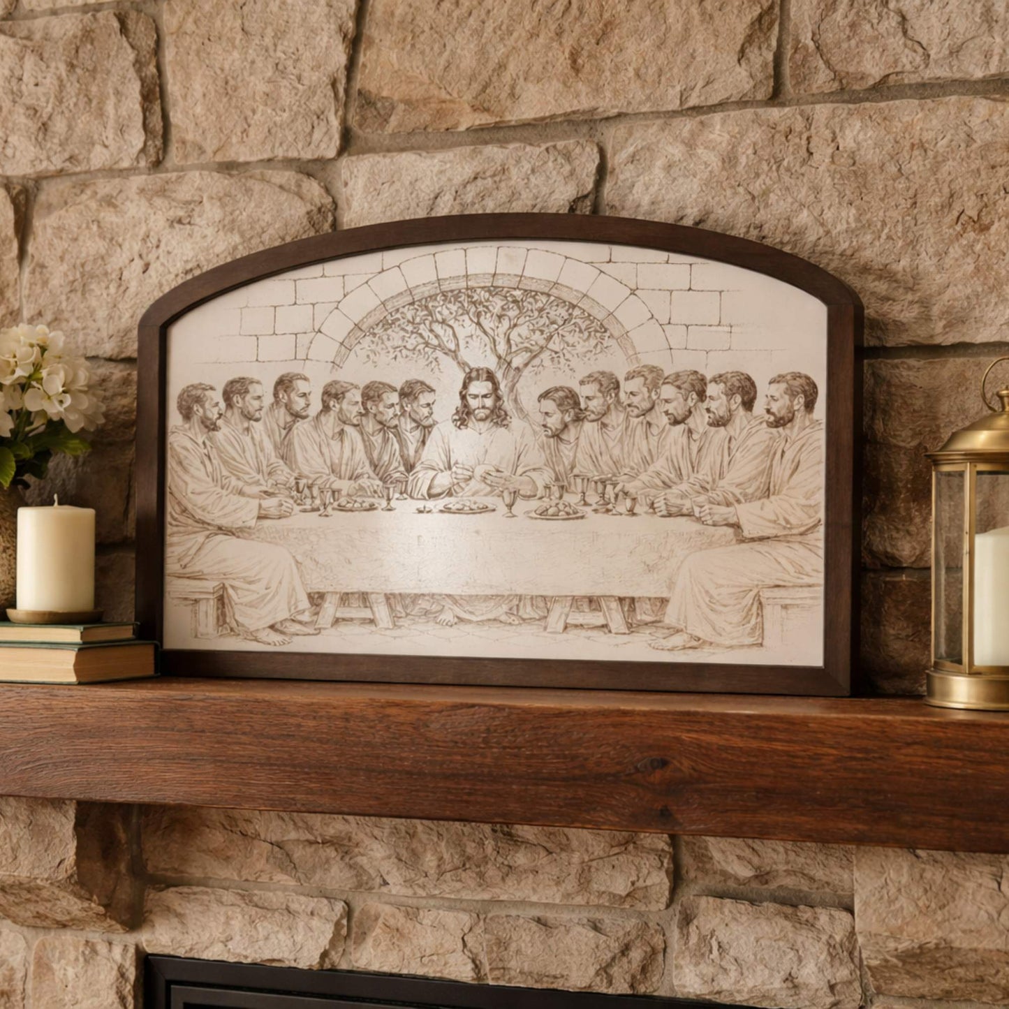 Last Supper wood wall art engraved Christian home decor on fireplace mantel