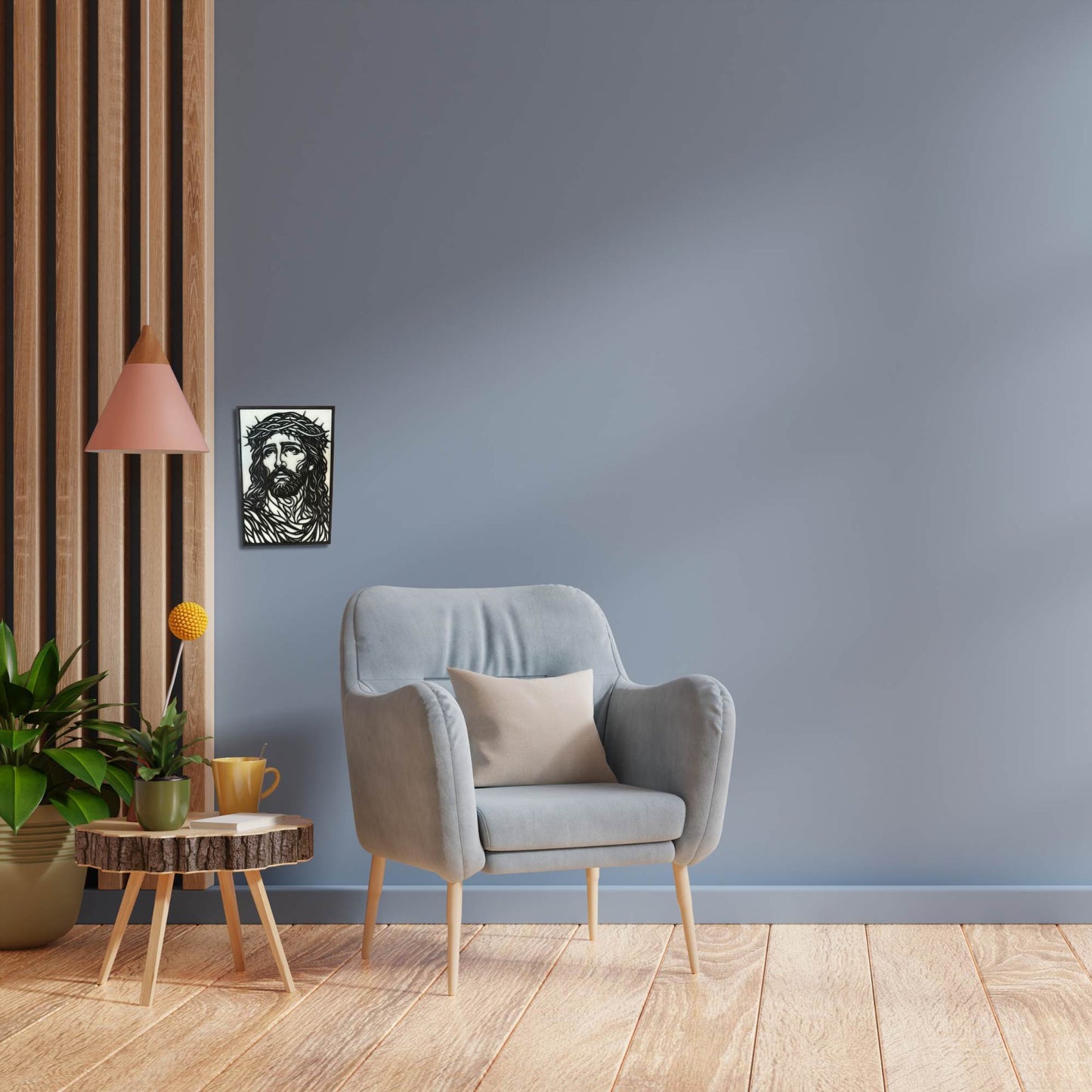 Layered wall art of Jesus with the crown of thorns hanging on a wall