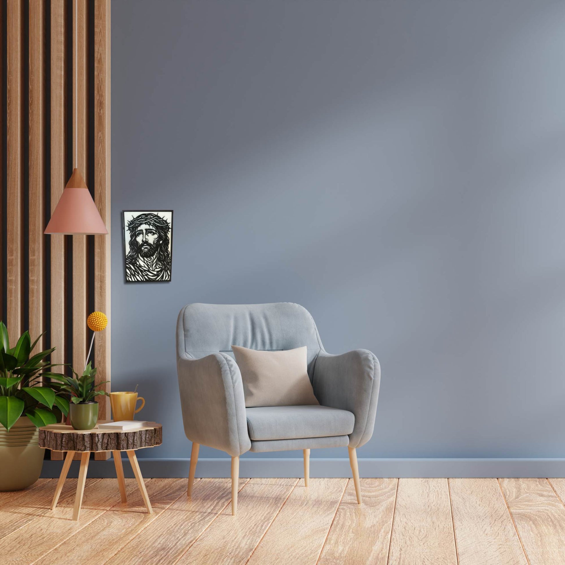 Layered wall art of Jesus with the crown of thorns hanging on a wall