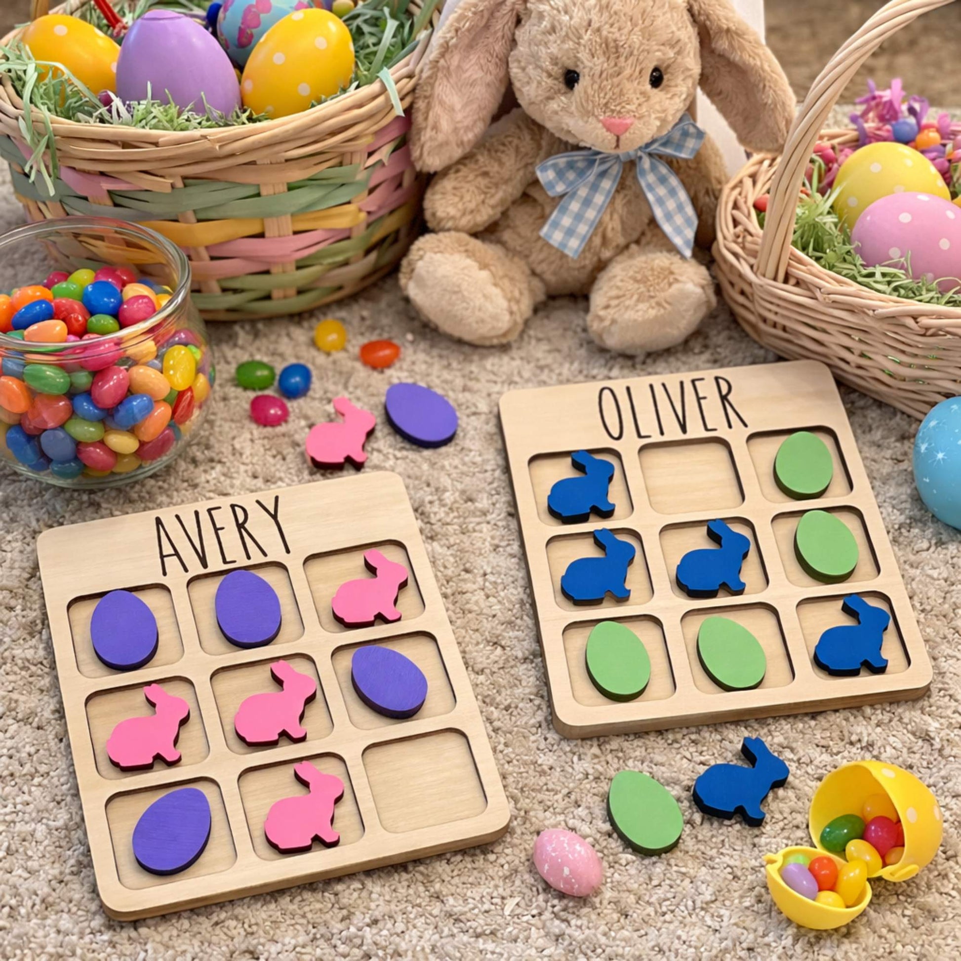 Personalized Easter Tic Tac Toe game on floor with Easter baskets and candy