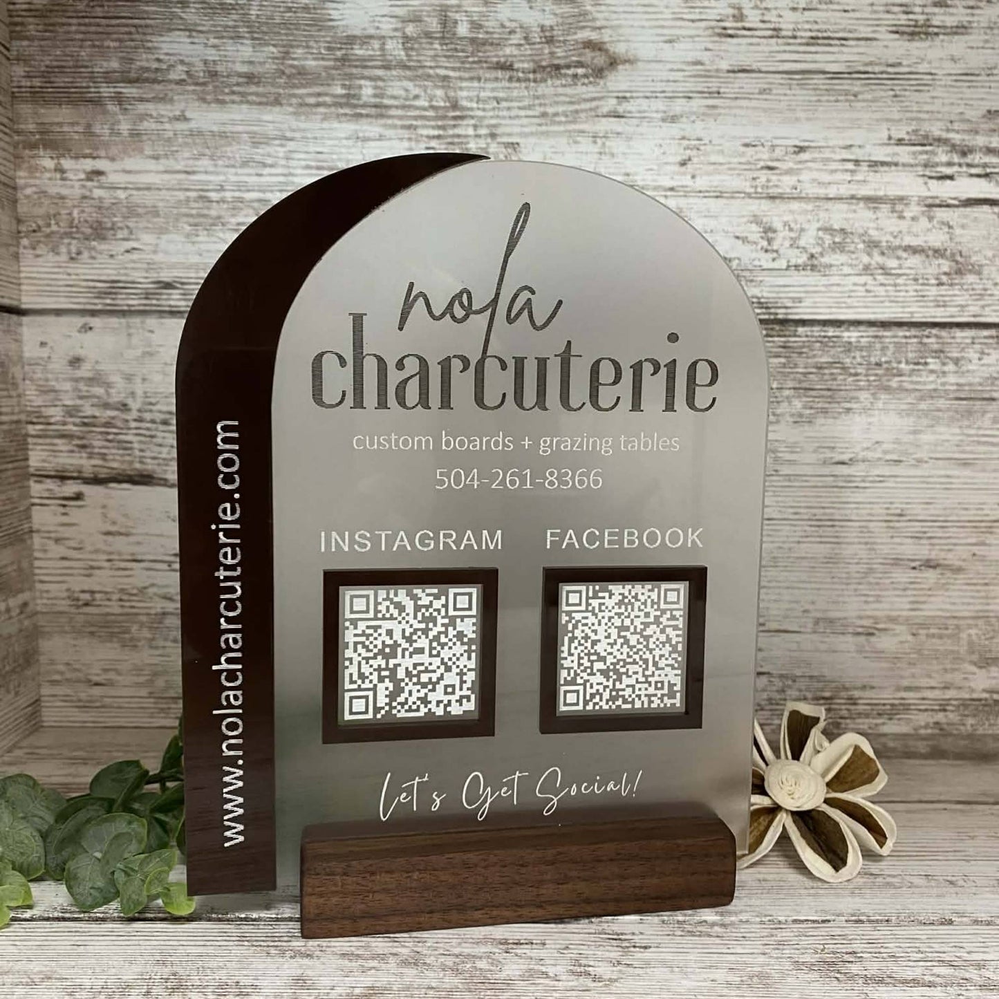 wood and frosted acrylic layered QR code sign with business logo.  Hardwood base