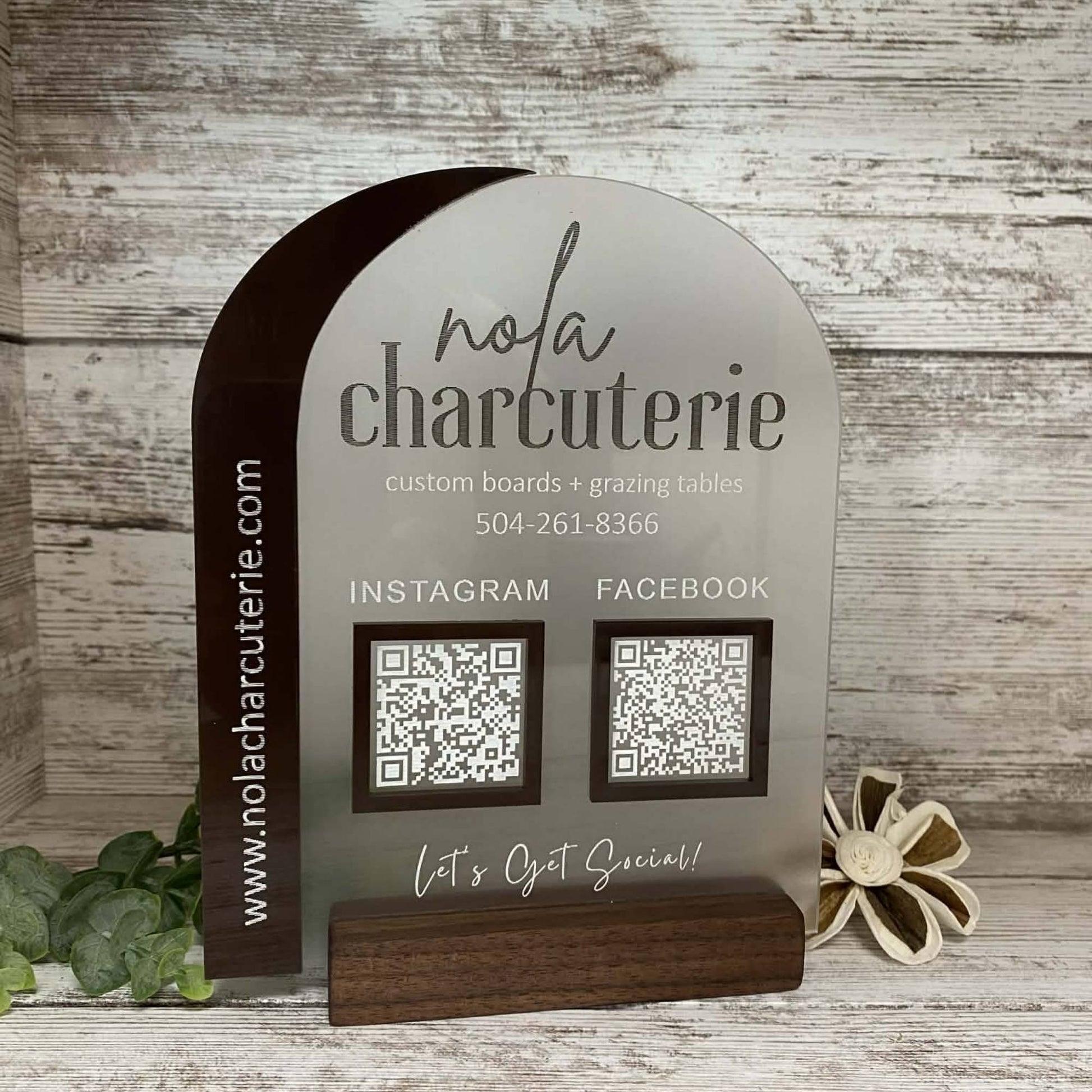 wood and frosted acrylic layered QR code sign with business logo.  Hardwood base