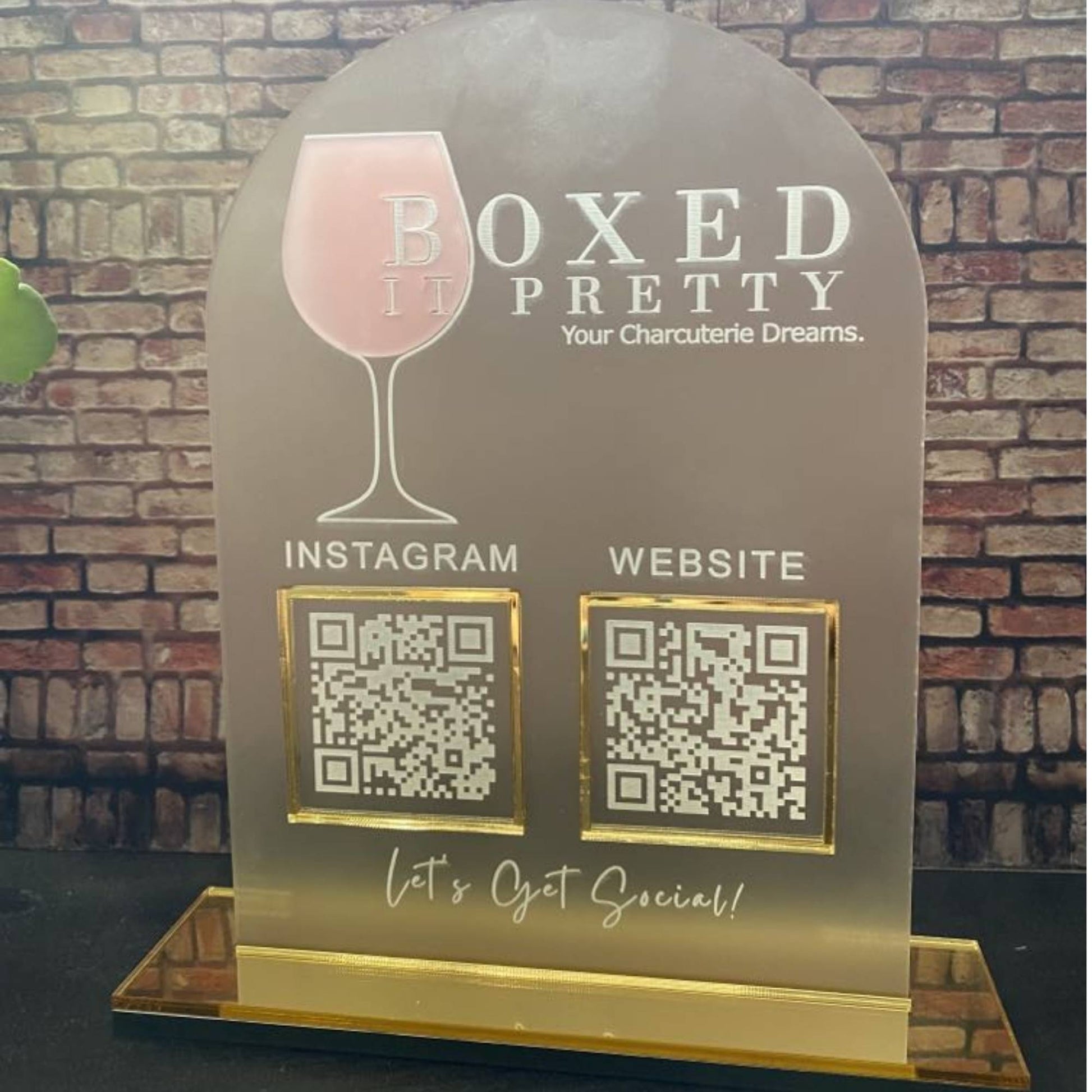 frosted acrylic business sign with QR codes and logo with layered design