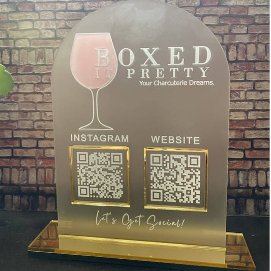 frosted acrylic business sign with QR codes and logo with layered design