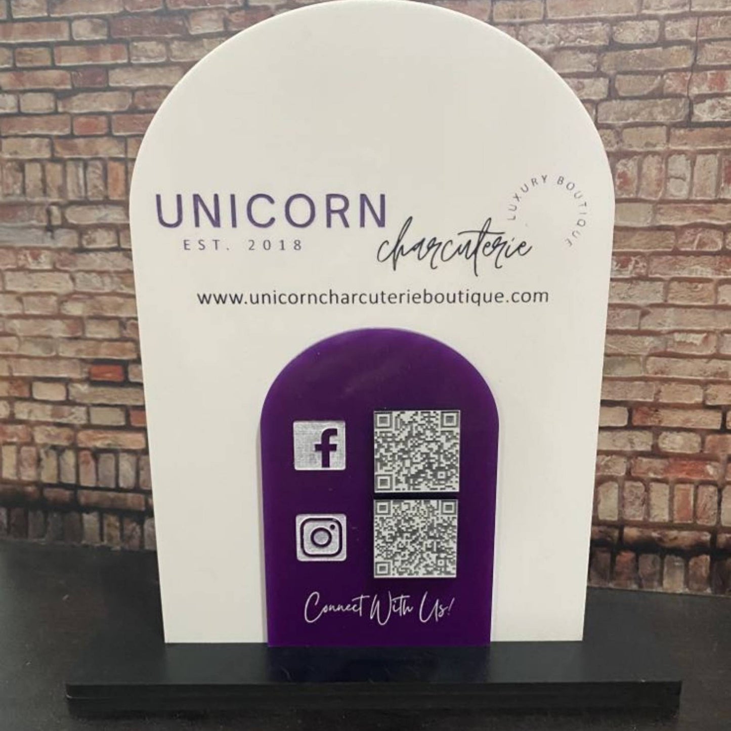 Two piece layered acrylic business sign with QR codes and logo