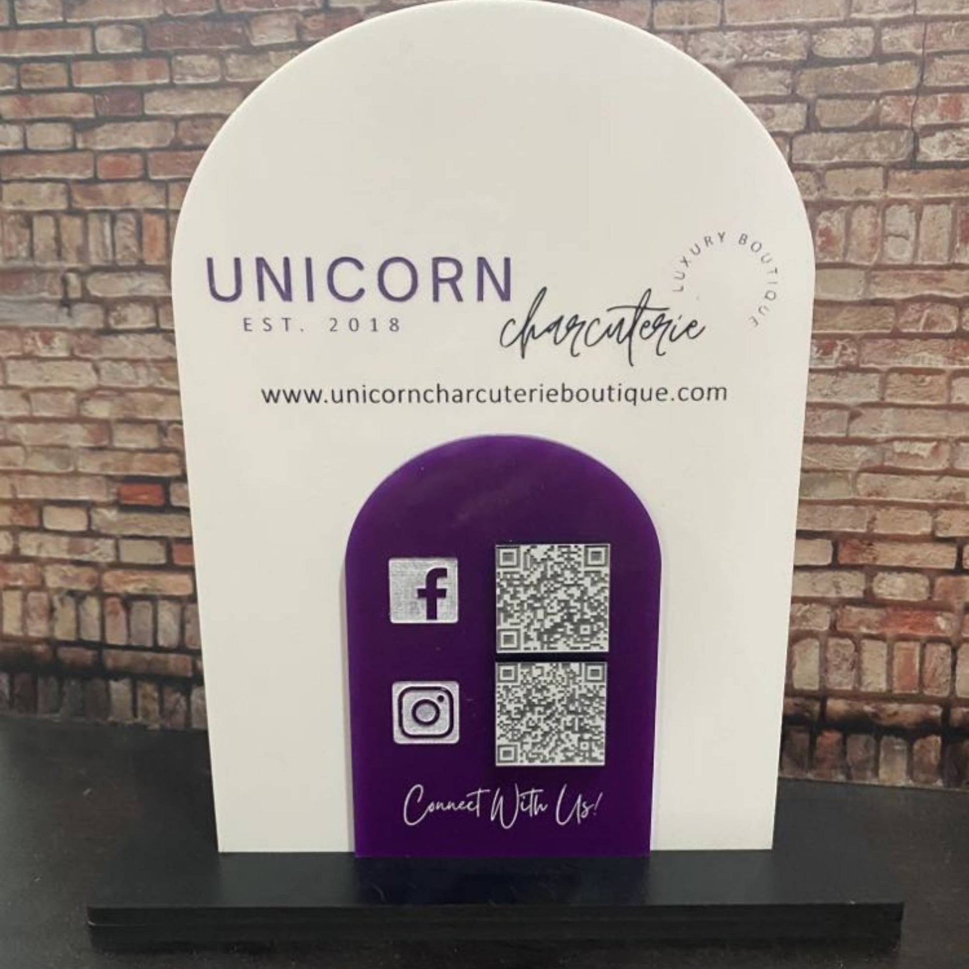 Two piece layered acrylic business sign with QR codes and logo