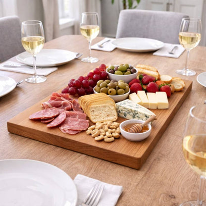 cherry cutting board sitting on dining room table with charcuterie food 