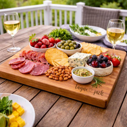 cherry cutting board sitting on table with charcuterie food cutome engraved