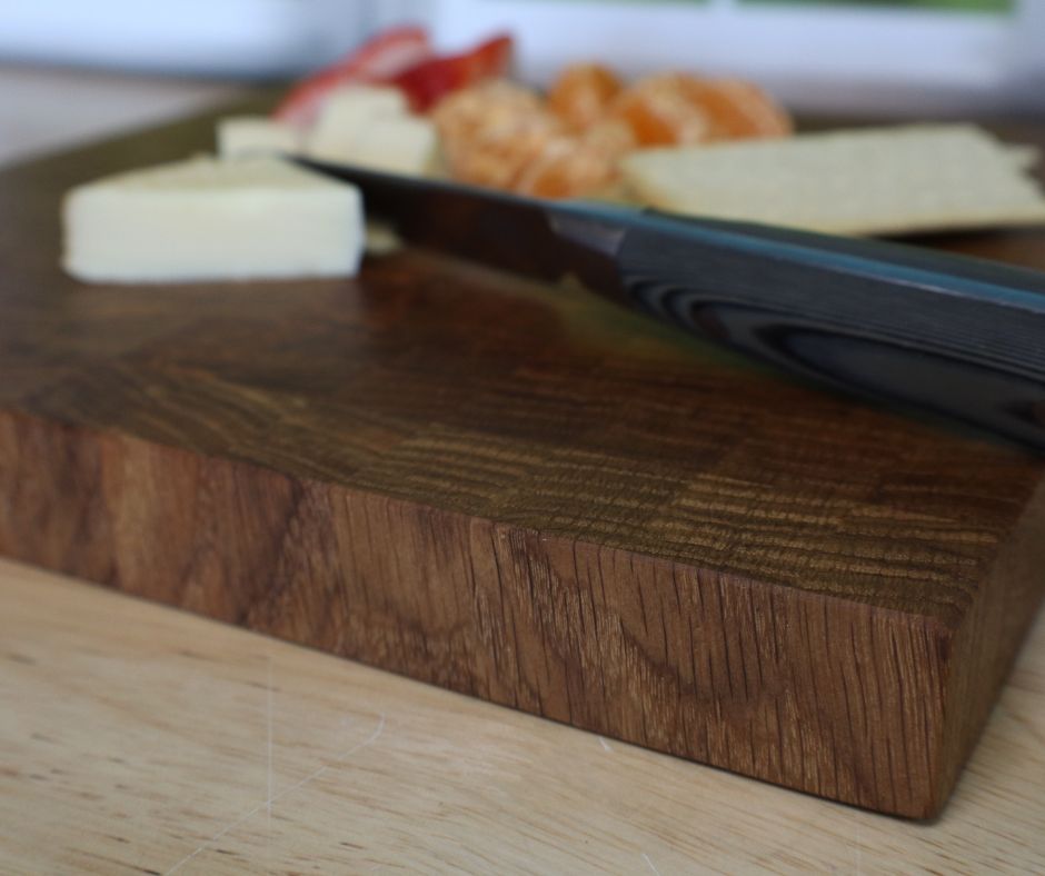 Side view of the handcrafted white oak end grain cutting board