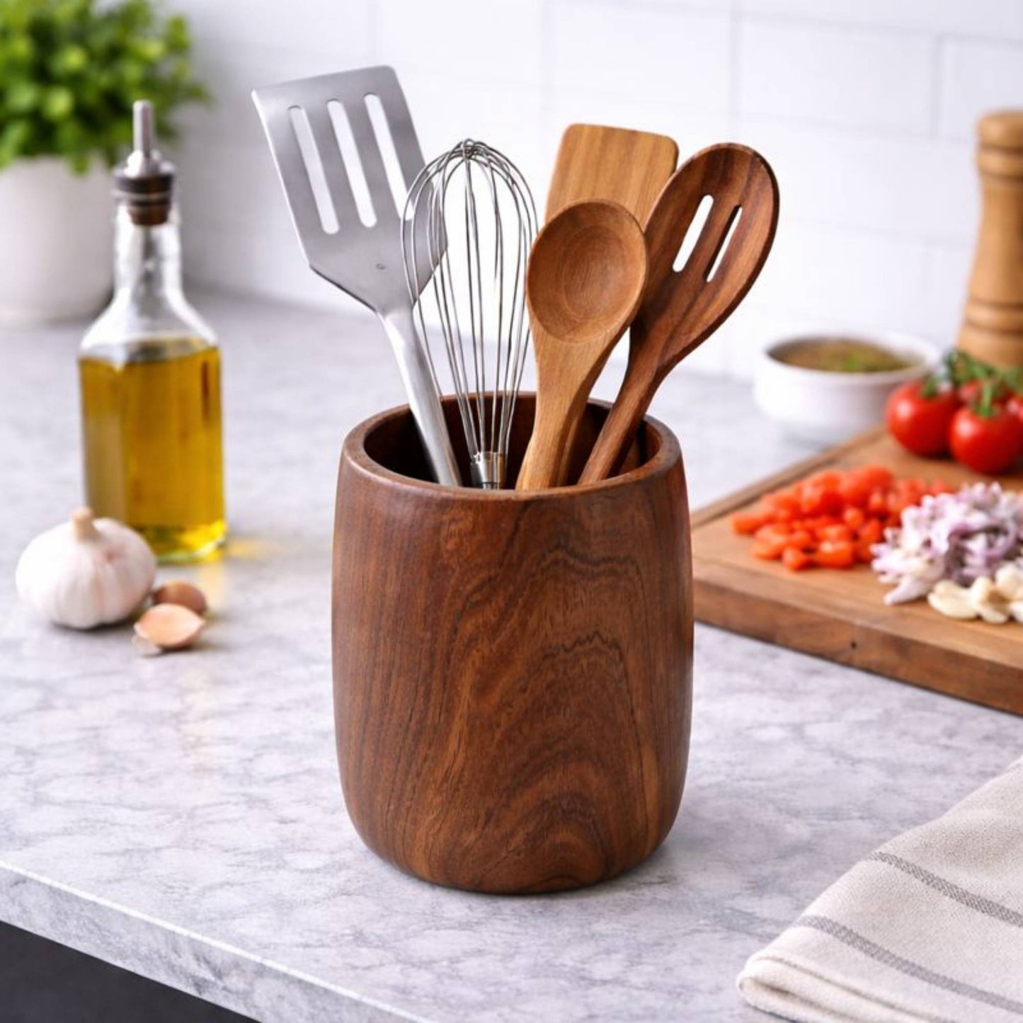 hand turned walnut wood kitchen crock sitting on kitchen island