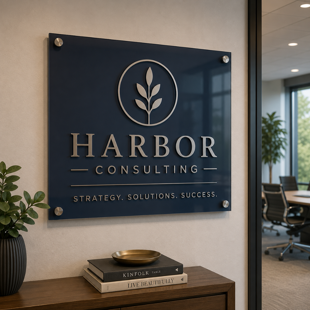 Custom black and gold layered acrylic lobby sign for a consulting firm
