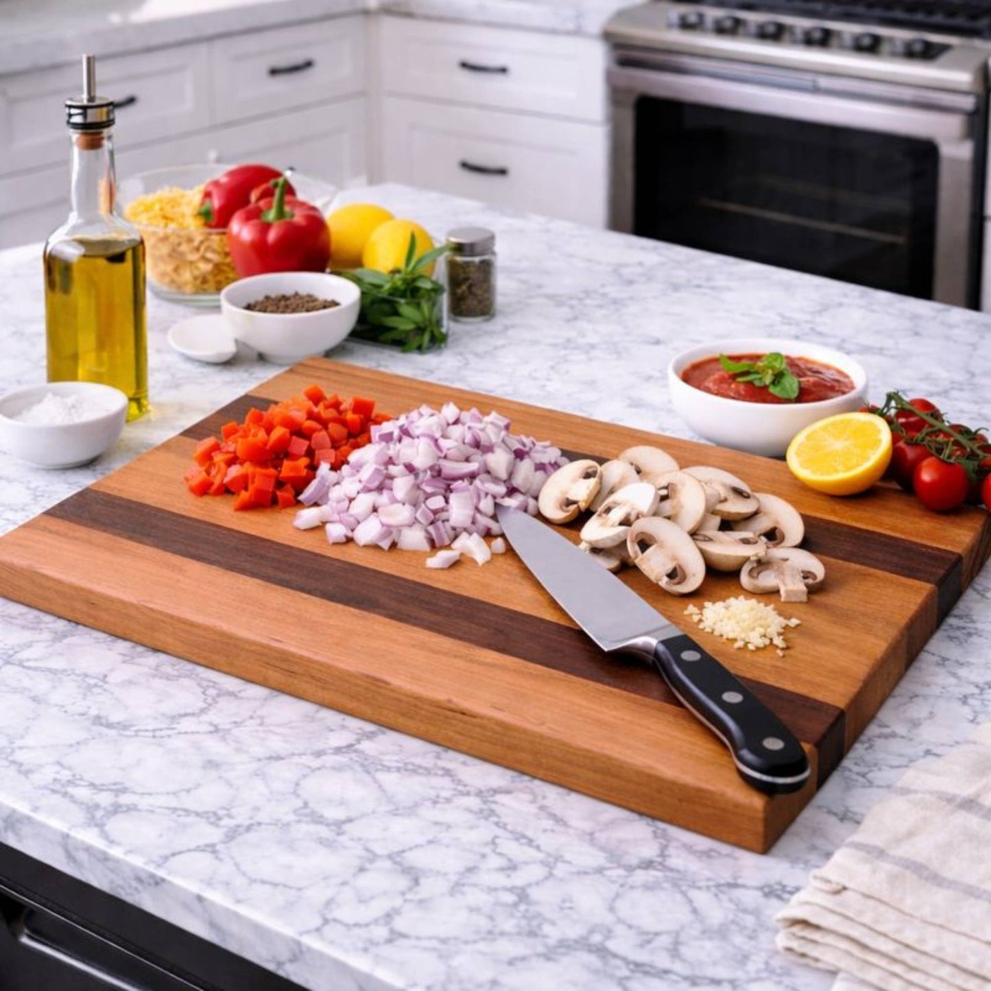 cherry and walnut cutting board on kitchen island for food prep