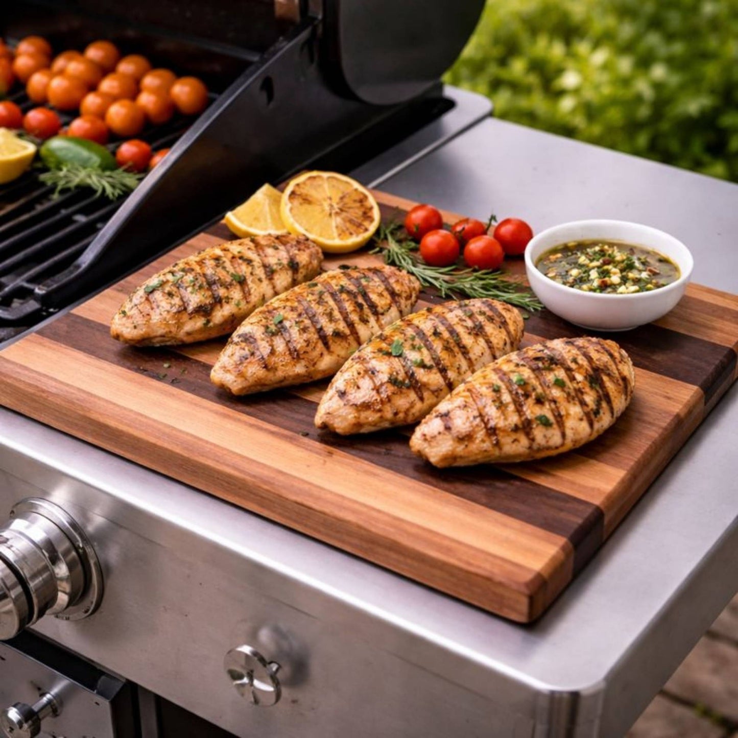 cherry and walnut cutting board for used at the grill for meat slicing