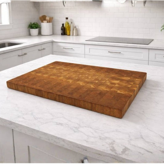 cherry end grain cutting board on kitchen island