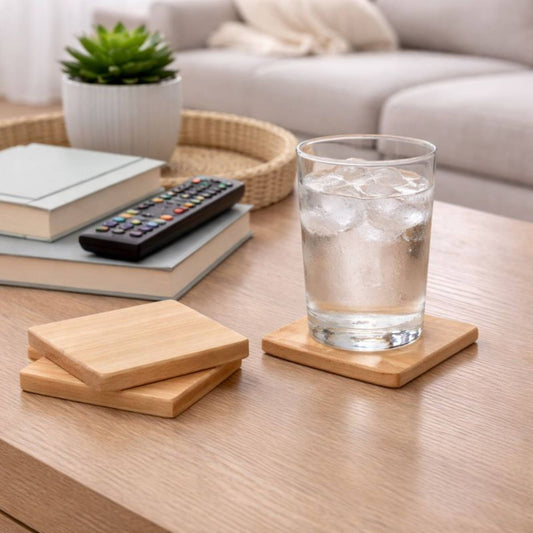 hardwood cherry coasters sitting on a coffee table