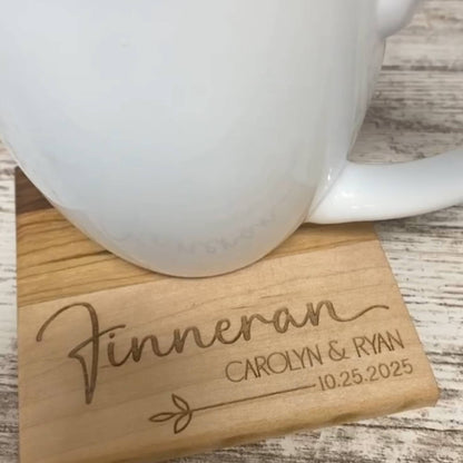 custom engraved cherry hardwood coaster with family name