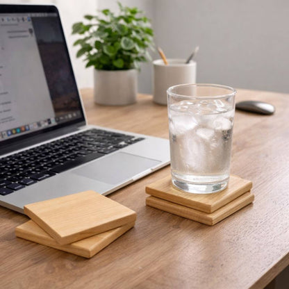 hardwood cherry coaster on desk with laptop