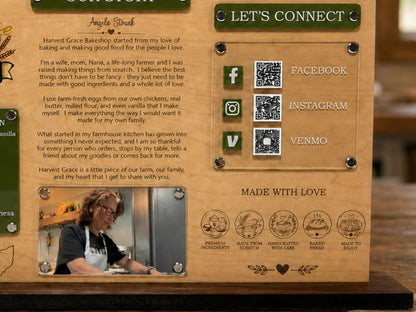 Close-up of a custom maple and acrylic Brand Story Display featuring the company story, photograph and QR codes