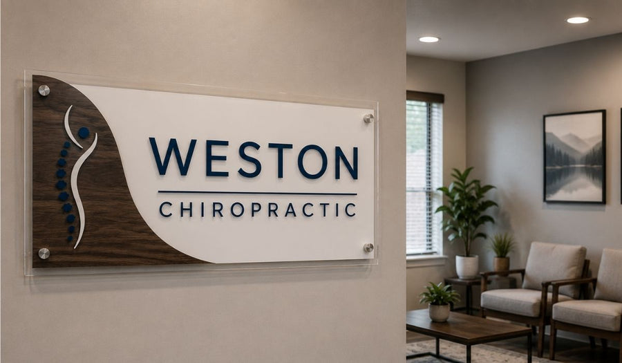 White and blue acrylic lobby sign with walnut accents for Weston Chiropractic