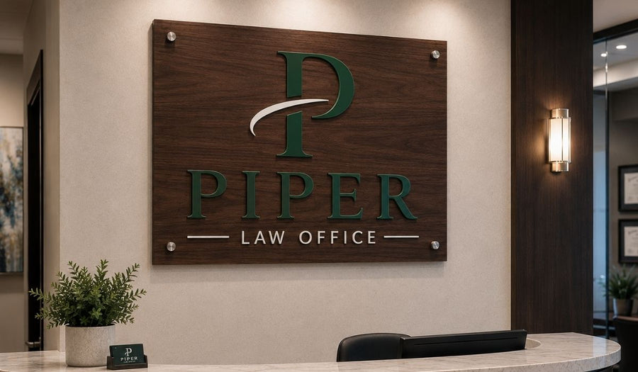 Walnut and acrylic lobby sign for Piper Law Office