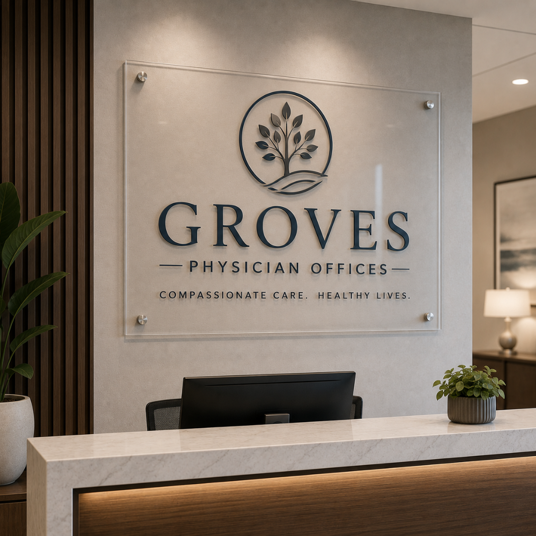Custom layered acrylic lobby sign in the Groves physician’s office