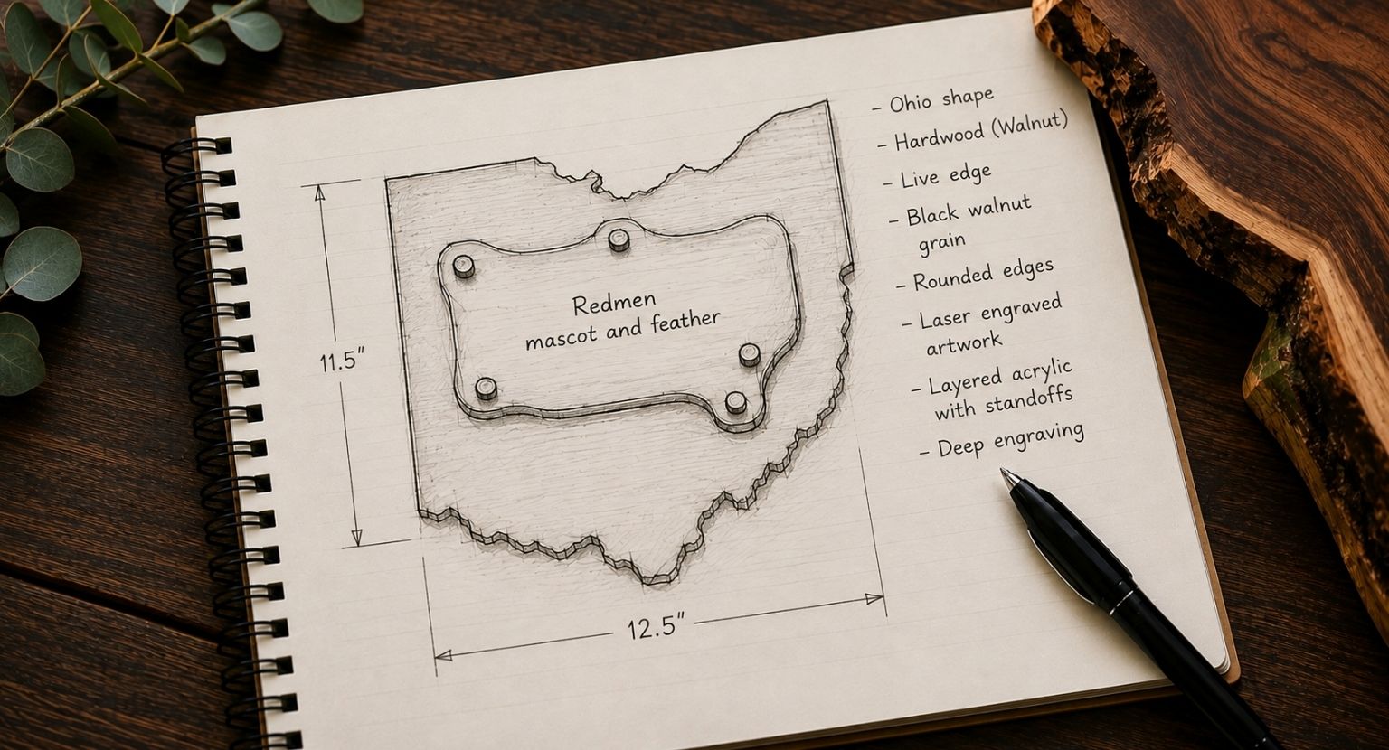 Hand-drawn concept sketch for a custom wood and acrylic project