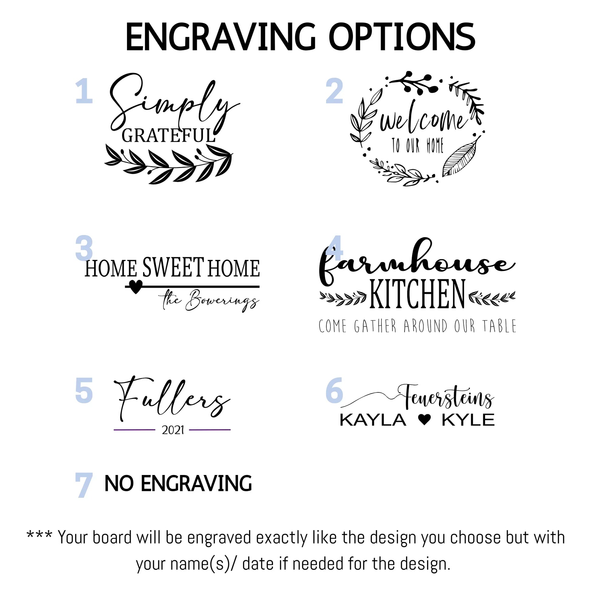 Engraving design options for the white oak end grain cutting board