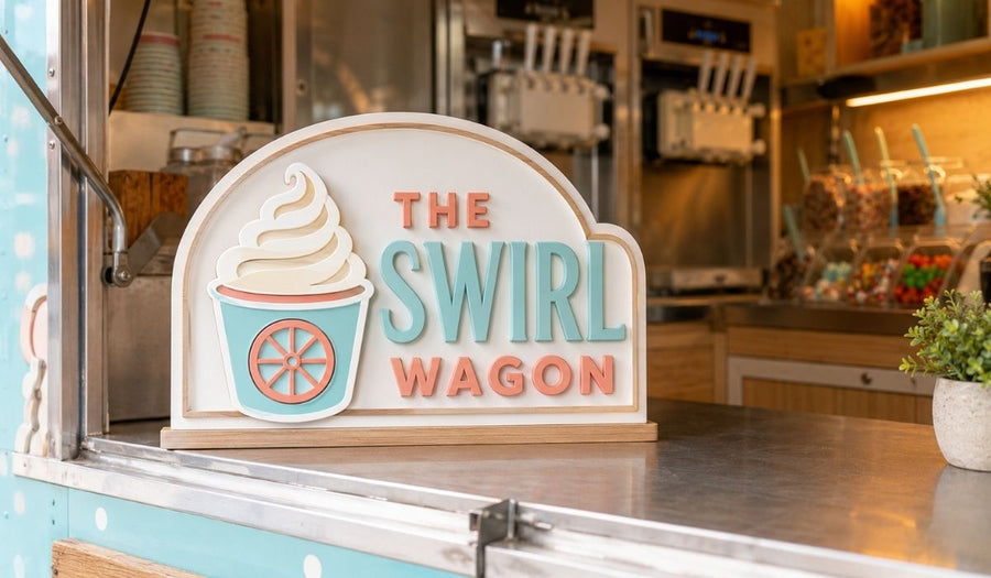 White and Blue Acrylic Logo with walnut wood Sign