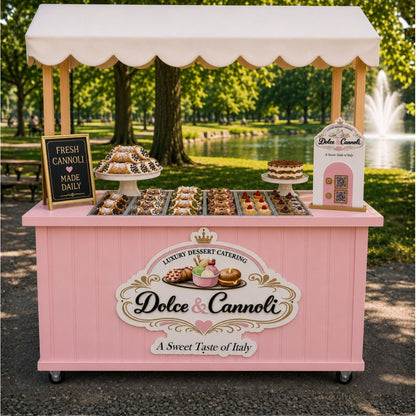 Custom Dolce and Cannoli logo sign mounted on a pink mobile dessert cart