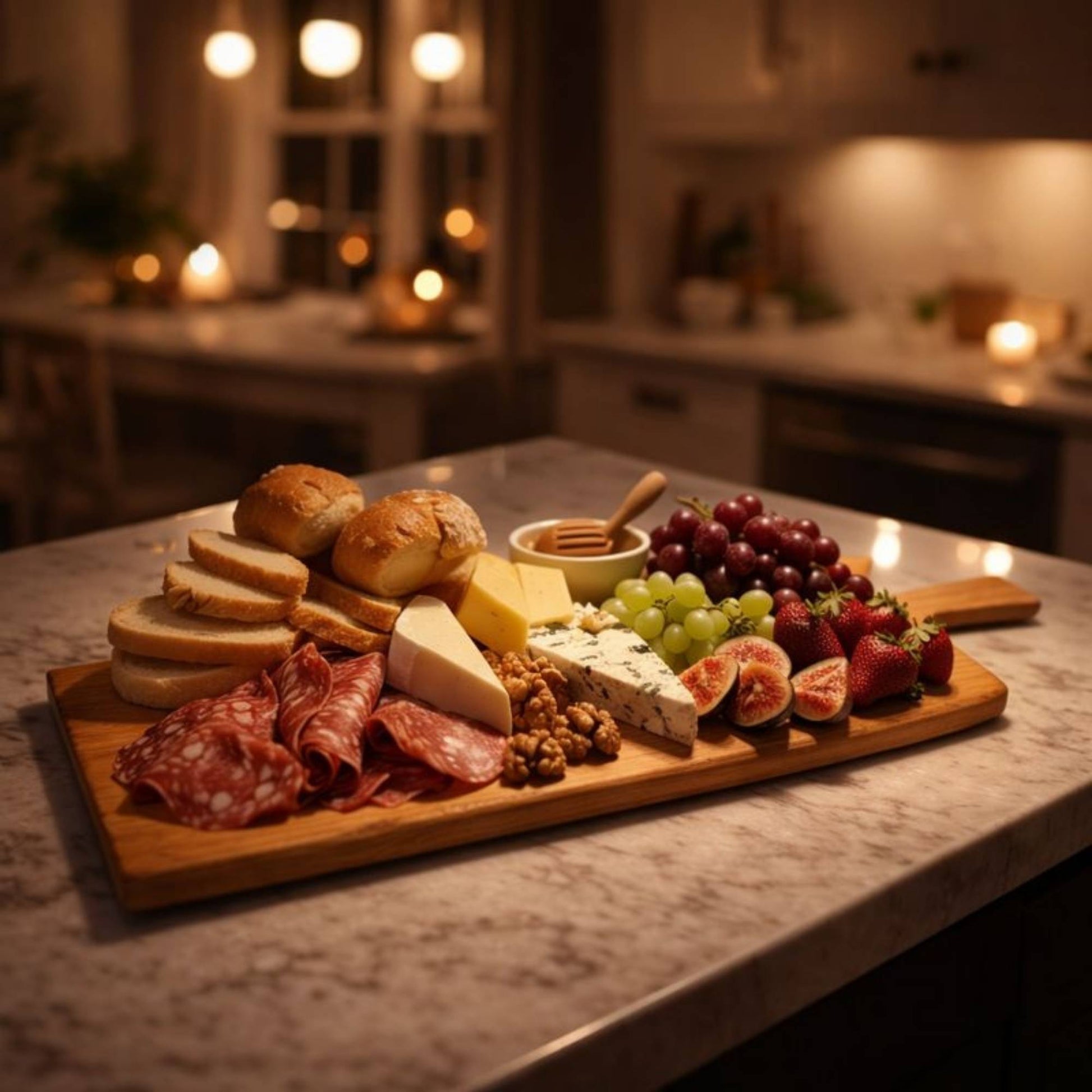 handcrafted hardwood serving board with charcuterie food