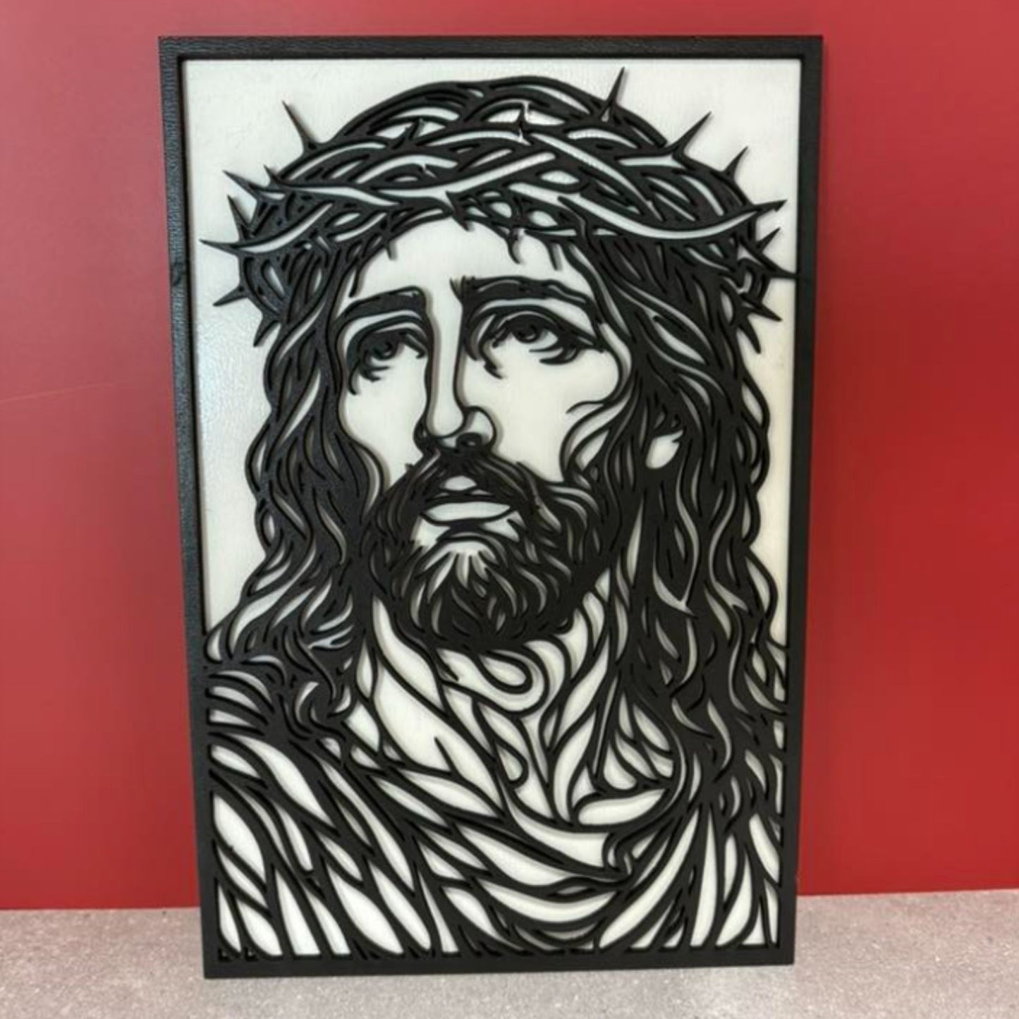 Layered black and white wall art of Jesus wearing the crown of thorns, detailed Christian home decor portrait with flowing lines and dimensional design.