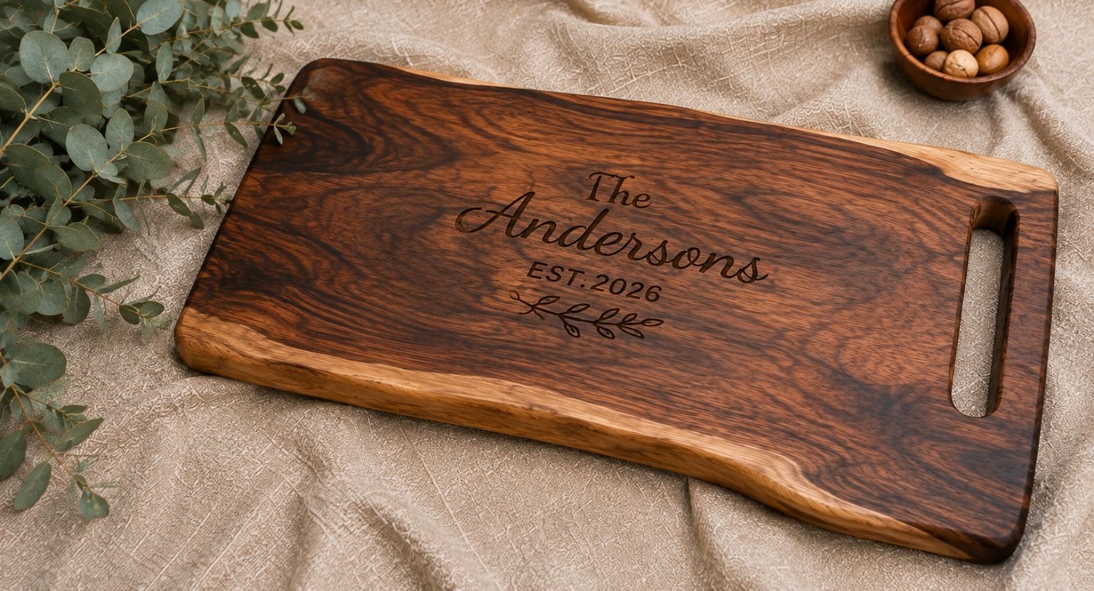 Personalized live-edge wood serving board handcrafted in Ohio
