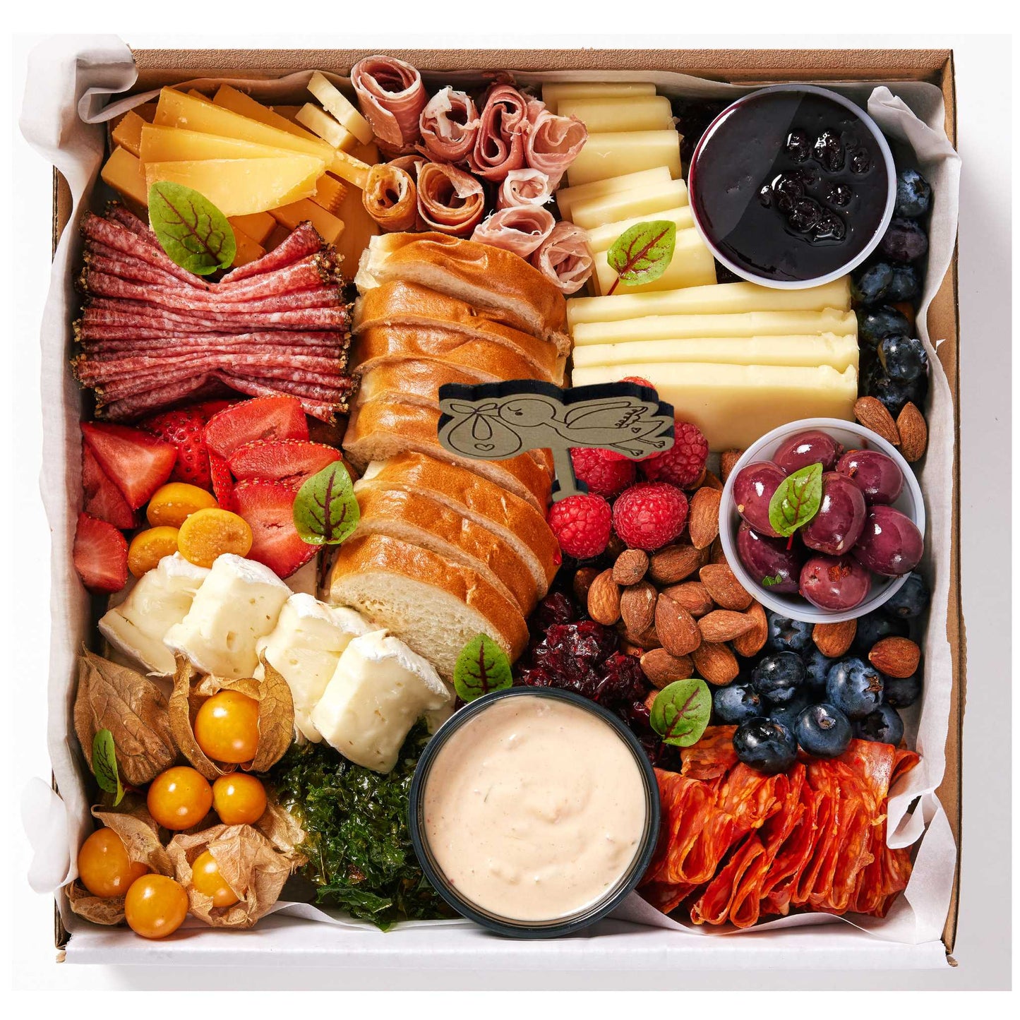 Special occasion stork wood  food pick in charcuterie box 